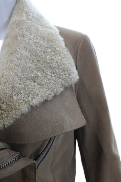 Helmut Lang Women Beige Goat Leather Biker Jacket Zip Long Sleeve Size S