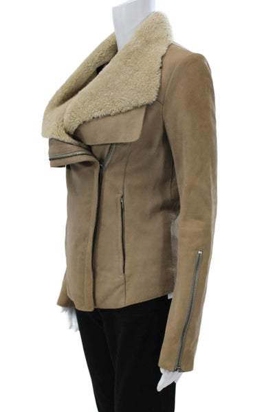 Helmut Lang Women Beige Goat Leather Biker Jacket Zip Long Sleeve Size S