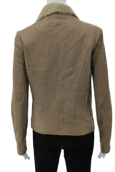 Helmut Lang Women Beige Goat Leather Biker Jacket Zip Long Sleeve Size S