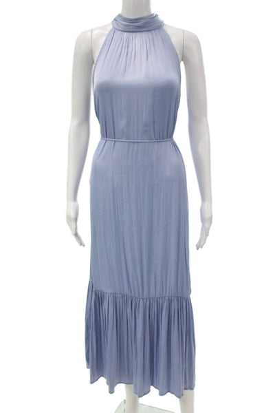 OPT Women Maxi Halter Sleeveless Solid Blue Tie Waist Bohemian Dress Size S