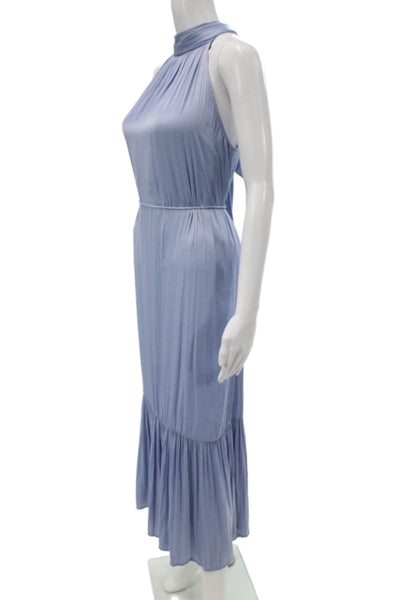 OPT Women Maxi Halter Sleeveless Solid Blue Tie Waist Bohemian Dress Size S