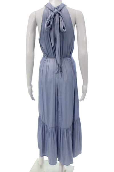 OPT Women Maxi Halter Sleeveless Solid Blue Tie Waist Bohemian Dress Size S