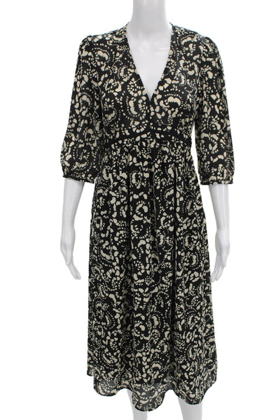 Ba&Sh Womens Fit & Flare Floral Dress Black 3/4 Sleeve V-Neck Size 2
