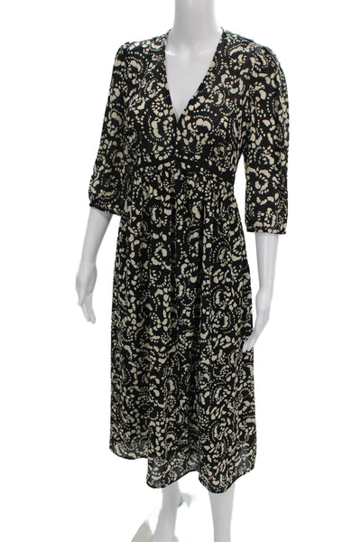 Ba&Sh Womens Fit & Flare Floral Dress Black 3/4 Sleeve V-Neck Size 2
