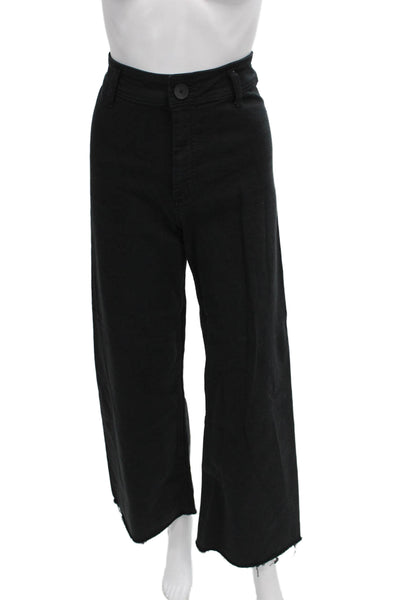 Zara Women Wide Leg Black Cotton Mid Rise Jeans Button Size 4
