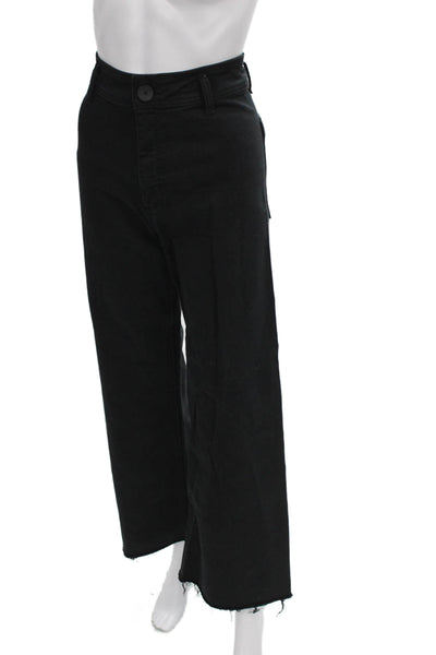 Zara Women Wide Leg Black Cotton Mid Rise Jeans Button Size 4