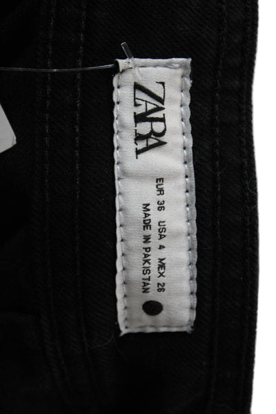 Zara Women Wide Leg Black Cotton Mid Rise Jeans Button Size 4