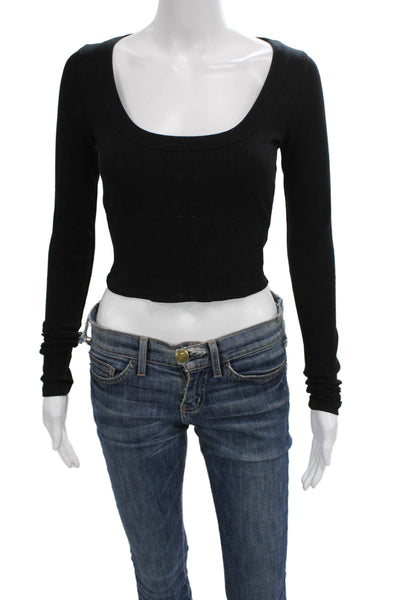 Reformation Women Cropped Ribbed Scoop Neck Long Sleeve Black Tee Size S