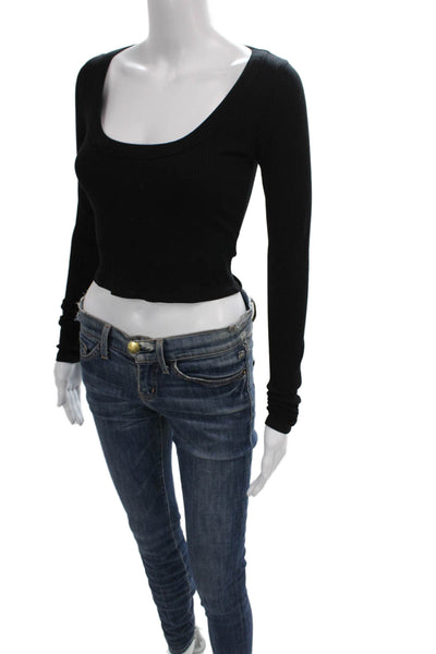Reformation Women Cropped Ribbed Scoop Neck Long Sleeve Black Tee Size S