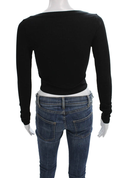 Reformation Women Cropped Ribbed Scoop Neck Long Sleeve Black Tee Size S