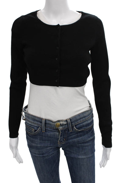 Sunday Best Women Cropped Button Up Sweater Black Round Neck Long Sleeve Size S
