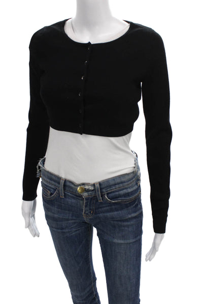 Sunday Best Women Cropped Button Up Sweater Black Round Neck Long Sleeve Size S