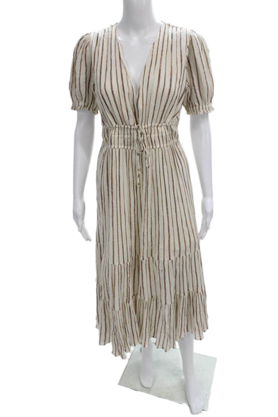 Ulla Johnson Womens Midi Striped Cotton V-Neck Drawstring Dress Ivory Size 2