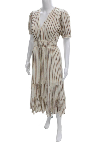 Ulla Johnson Womens Midi Striped Cotton V-Neck Drawstring Dress Ivory Size 2