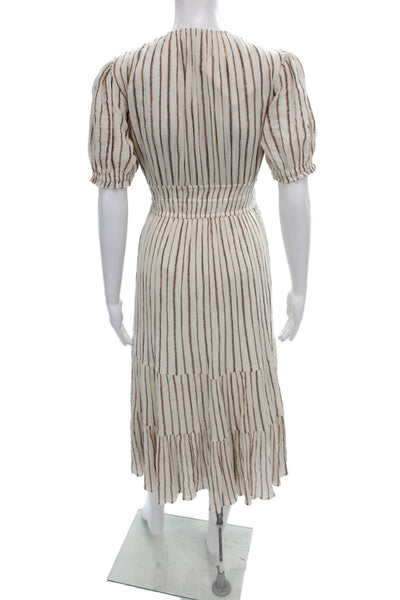 Ulla Johnson Womens Midi Striped Cotton V-Neck Drawstring Dress Ivory Size 2