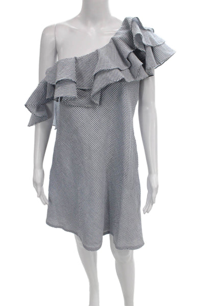Atina Cristina Womens Shift One Shoulder Striped Blue Dress Sleeveless Size L