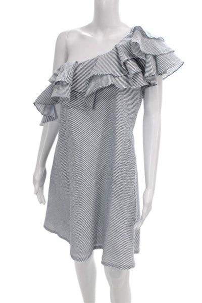 Atina Cristina Womens Shift One Shoulder Striped Blue Dress Sleeveless Size L