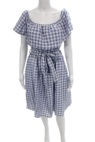 Anthropologie Women Off Shoulder Gingham Midi Sundress Blue Short Sleeve Size L