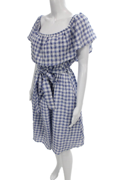 Anthropologie Women Off Shoulder Gingham Midi Sundress Blue Short Sleeve Size L