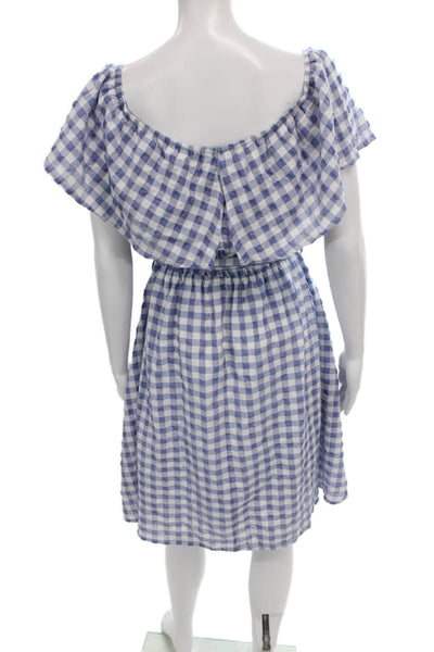 Anthropologie Women Off Shoulder Gingham Midi Sundress Blue Short Sleeve Size L