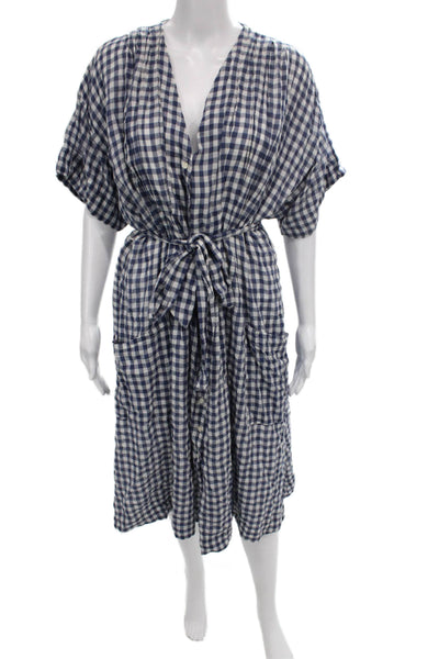 Birds of Paradis by Trovata Women Wrap Dress Blue Gingham V-Neck Midi Size M