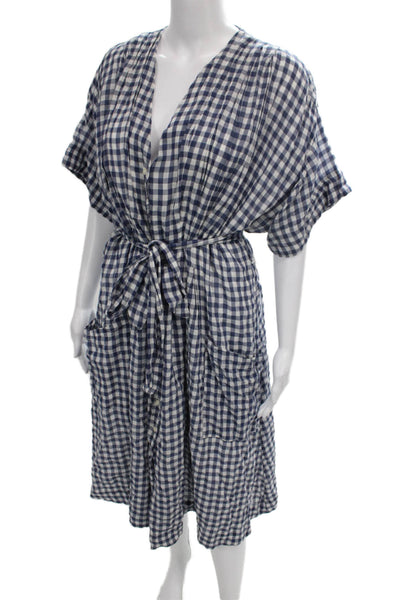 Birds of Paradis by Trovata Women Wrap Dress Blue Gingham V-Neck Midi Size M