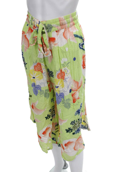 Designer Unisex Adults Multicolor Floral Rayon Capri Pants Drawstring Size L