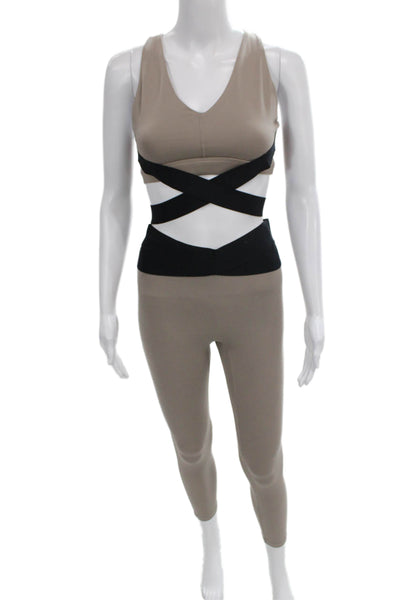 Le Ore Womens Pullover Sports Bra Leggings Beige Black Size Small