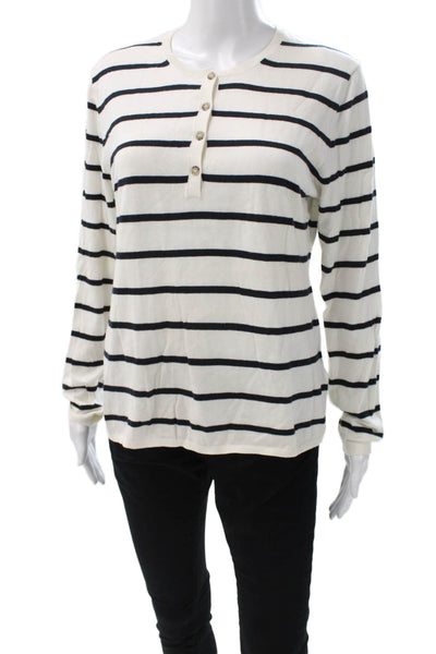Allude Women Henley Striped White Cotton Cashmere Sweater Size L