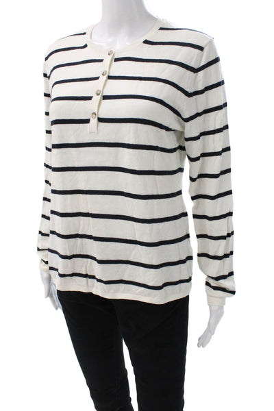 Allude Women Henley Striped White Cotton Cashmere Sweater Size L