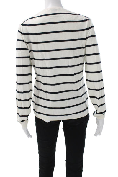 Allude Women Henley Striped White Cotton Cashmere Sweater Size L