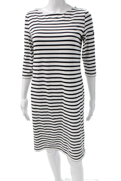 Saint James Women Shift Dress Black Striped Boat Neck 3/4 Sleeve Midi Size 40