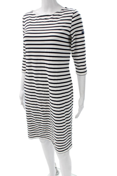Saint James Women Shift Dress Black Striped Boat Neck 3/4 Sleeve Midi Size 40
