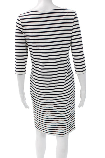 Saint James Women Shift Dress Black Striped Boat Neck 3/4 Sleeve Midi Size 40