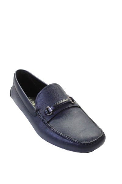 Prada Mens Silver Tone Slide On Driving Dress Loafers Navy Blue Size 10