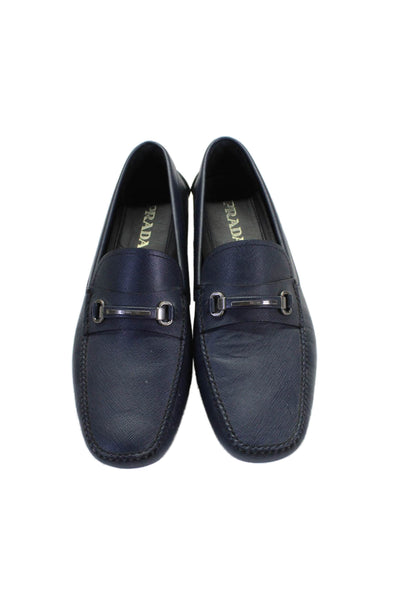 Prada Mens Silver Tone Slide On Driving Dress Loafers Navy Blue Size 10