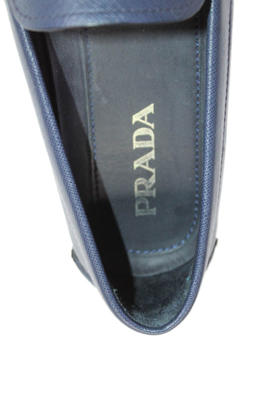 Prada Mens Silver Tone Slide On Driving Dress Loafers Navy Blue Size 10