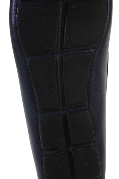 Prada Mens Silver Tone Slide On Driving Dress Loafers Navy Blue Size 10
