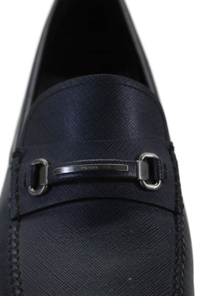 Prada Mens Silver Tone Slide On Driving Dress Loafers Navy Blue Size 10