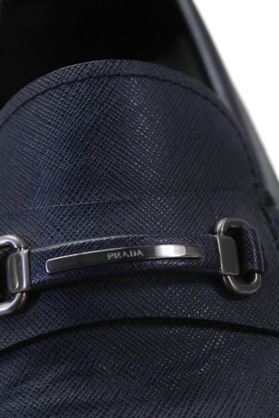 Prada Mens Silver Tone Slide On Driving Dress Loafers Navy Blue Size 10