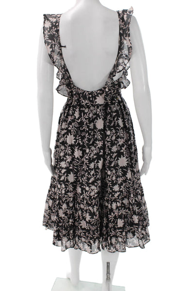 Ulla Johnson Women Black Floral Cotton Blend Sundress Tie Full Length Size 0