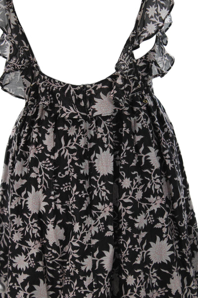 Ulla Johnson Women Black Floral Cotton Blend Sundress Tie Full Length Size 0