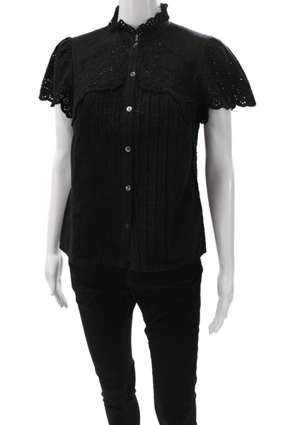 Rebecca Taylor Womens Black Cotton Collared Short Sleeve Boho Blouse Size 0