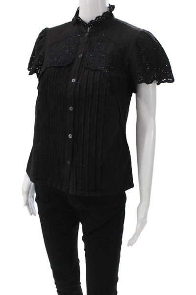 Rebecca Taylor Womens Black Cotton Collared Short Sleeve Boho Blouse Size 0