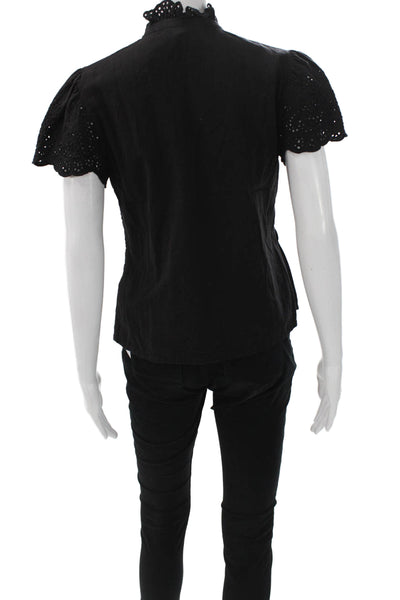 Rebecca Taylor Womens Black Cotton Collared Short Sleeve Boho Blouse Size 0