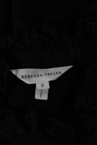 Rebecca Taylor Womens Black Cotton Collared Short Sleeve Boho Blouse Size 0