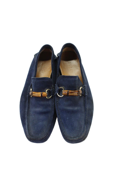 Gucci Mens Suede Bamboo Front Slide On Loafers Navy Blue Size 10 Wide