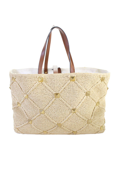 Valentino Garavani Womens Raffia Crochet Roman Stud Tote Shoulder Handbag Beige