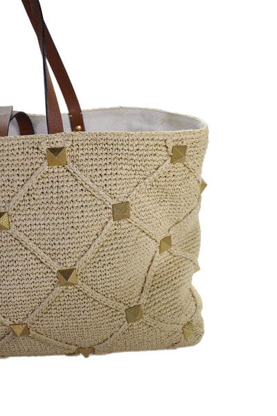 Valentino Garavani Womens Raffia Crochet Roman Stud Tote Shoulder Handbag Beige