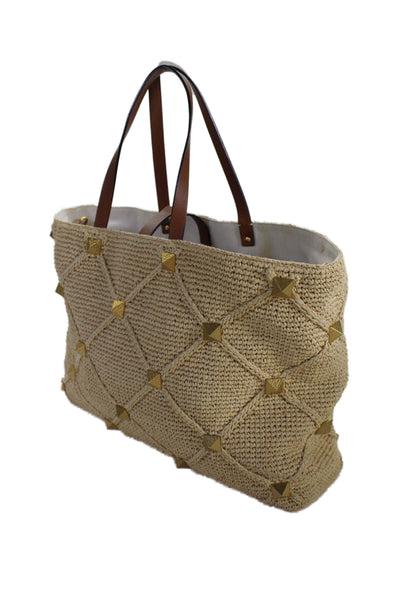 Valentino Garavani Womens Raffia Crochet Roman Stud Tote Shoulder Handbag Beige